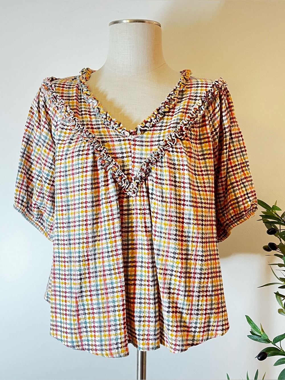Fall Flowy Multicolor Plaid Ruffle V-Neck Top